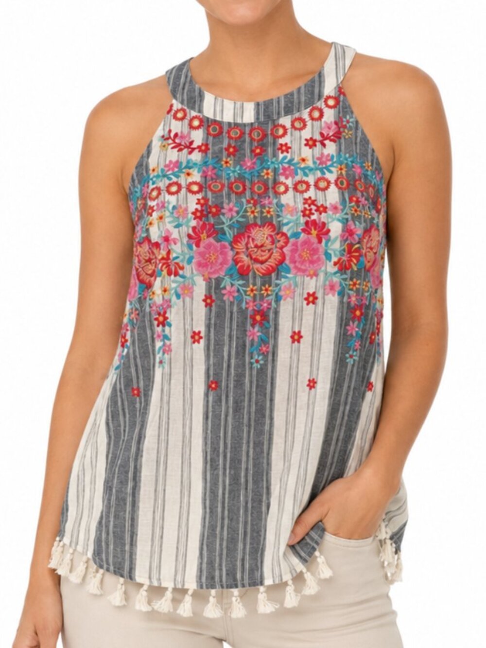 Savanna Jane Embroidered Floral Tank Top Small Striped Bohemian Tassel Hem Artsy